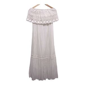 DEBBIE KATZ South Beach Lina Boho Eyelet White Off the Shoulder Maxi Dress. Sz S